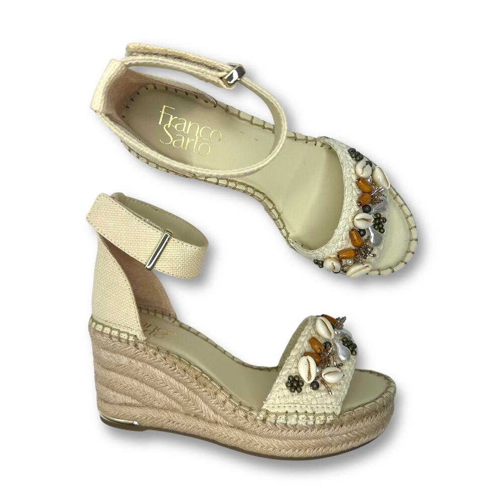 Franco Sarto Women's Clemens-Shell Espadrille Wedge Sandals Size 5 Beige Raffia